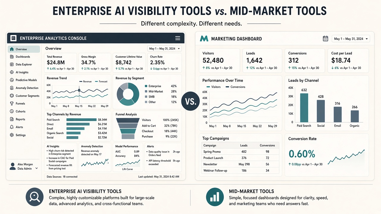 Enterprise analytics console versus a simpler mid-market marketing dashboard