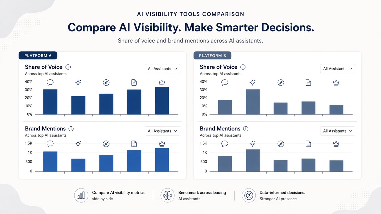 Comparison of two AI visibility dashboards showing share of voice and brand mentions